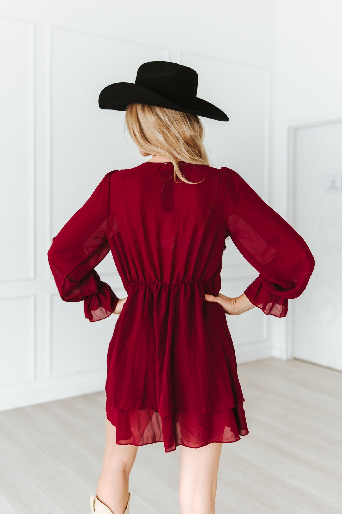 CHERRY RED FLOWY LAYERED RUFFLE CHIFFON LINED DRESS