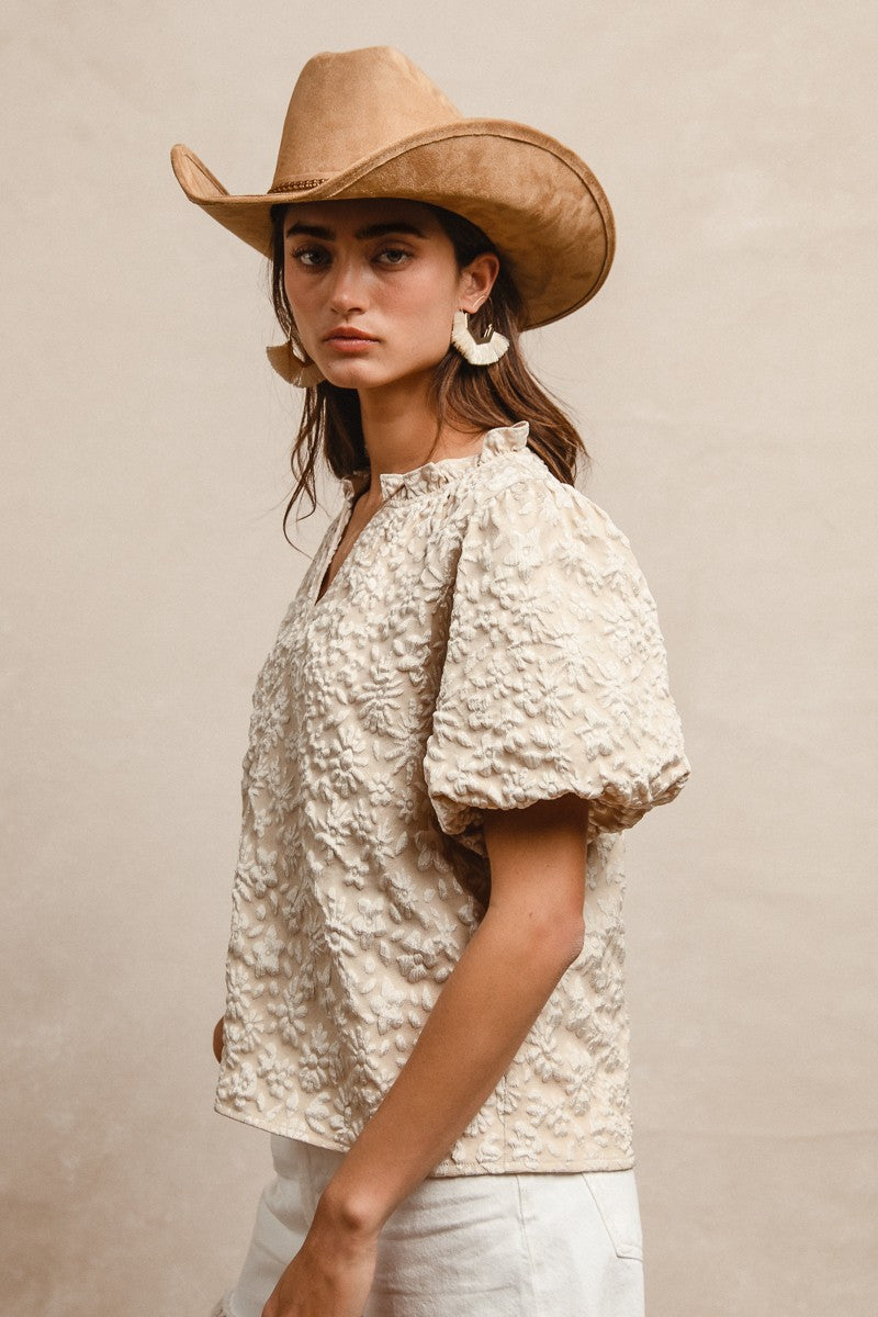 FLORAL PATTERN TEXTURED BALLON SLEEVES V NECK TOP - SAGE