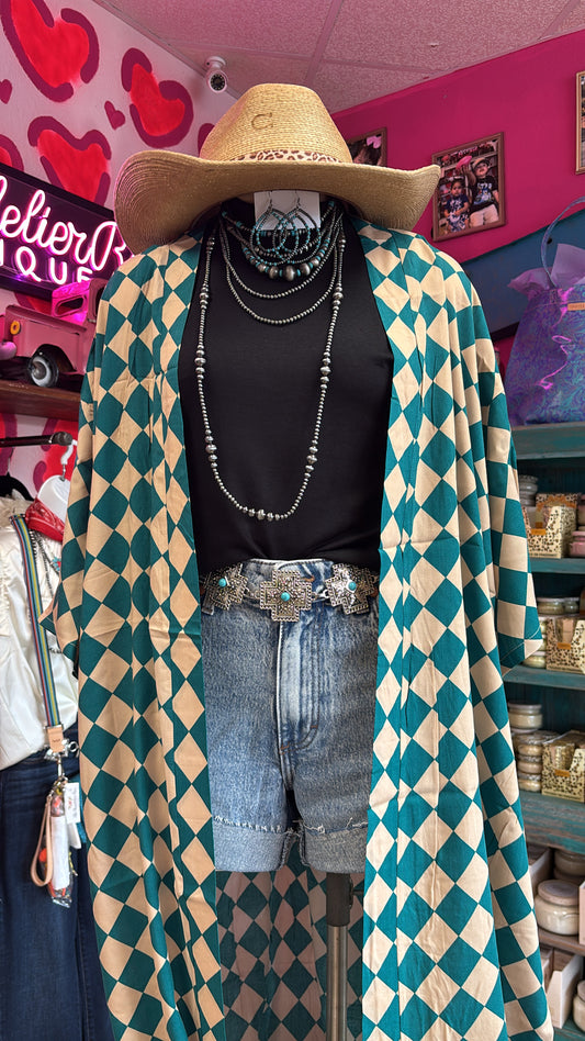 TURQUOISE CHECKERED PRINT DUSTER