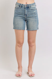 JUDY BLUE HIGH WAIST VINTAGE WASH SIDE SLIT SHORTS - MEDIUM STONE