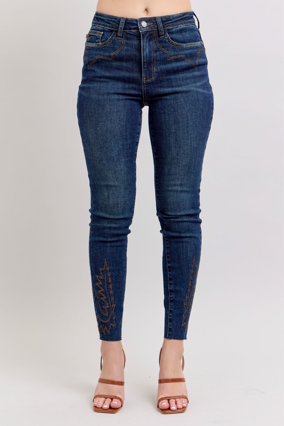 JUDY BLUE MID RISE WESTERN EMBROIDERY DETAIL SKINNY JEAN - DARK STONE