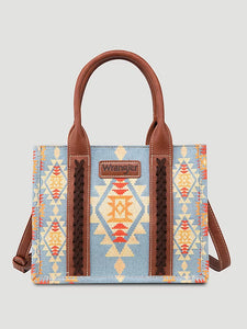 WRANGLER SOUTHWESTERN PRINT CROSS BODY CANVAS MINI TOTE IN LIGHT BLUE