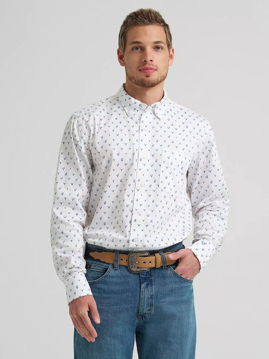 MENS WRANGLER X CODY JOHNSON ONE POCKET BUTTON DOWN SHIRT - Blue Steerhead