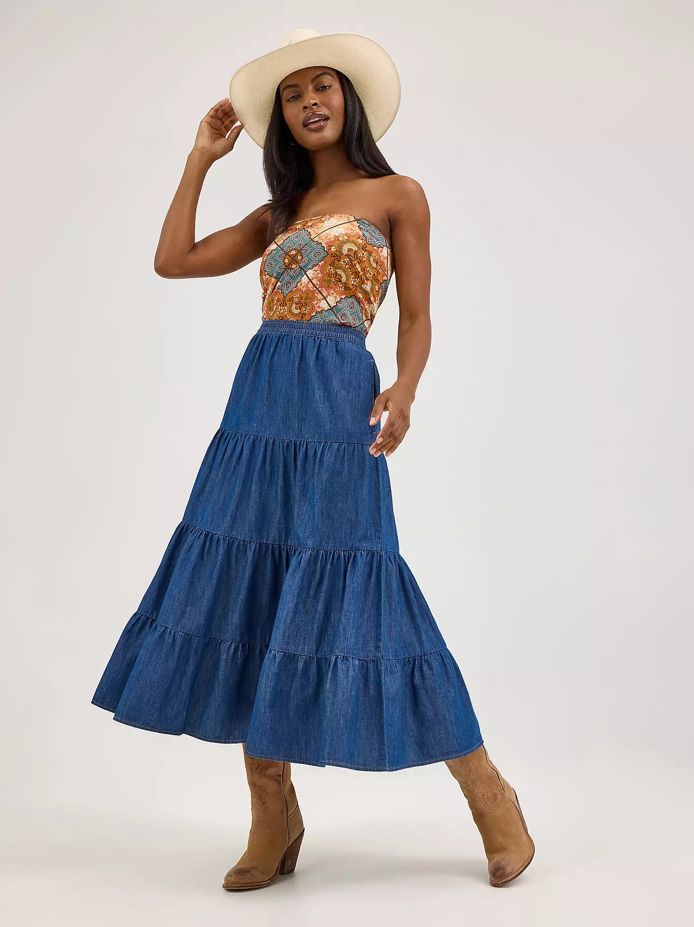 WOMEN'S WRANGLER DENIM TIERED MAXI SKIRT - DARK DENIM