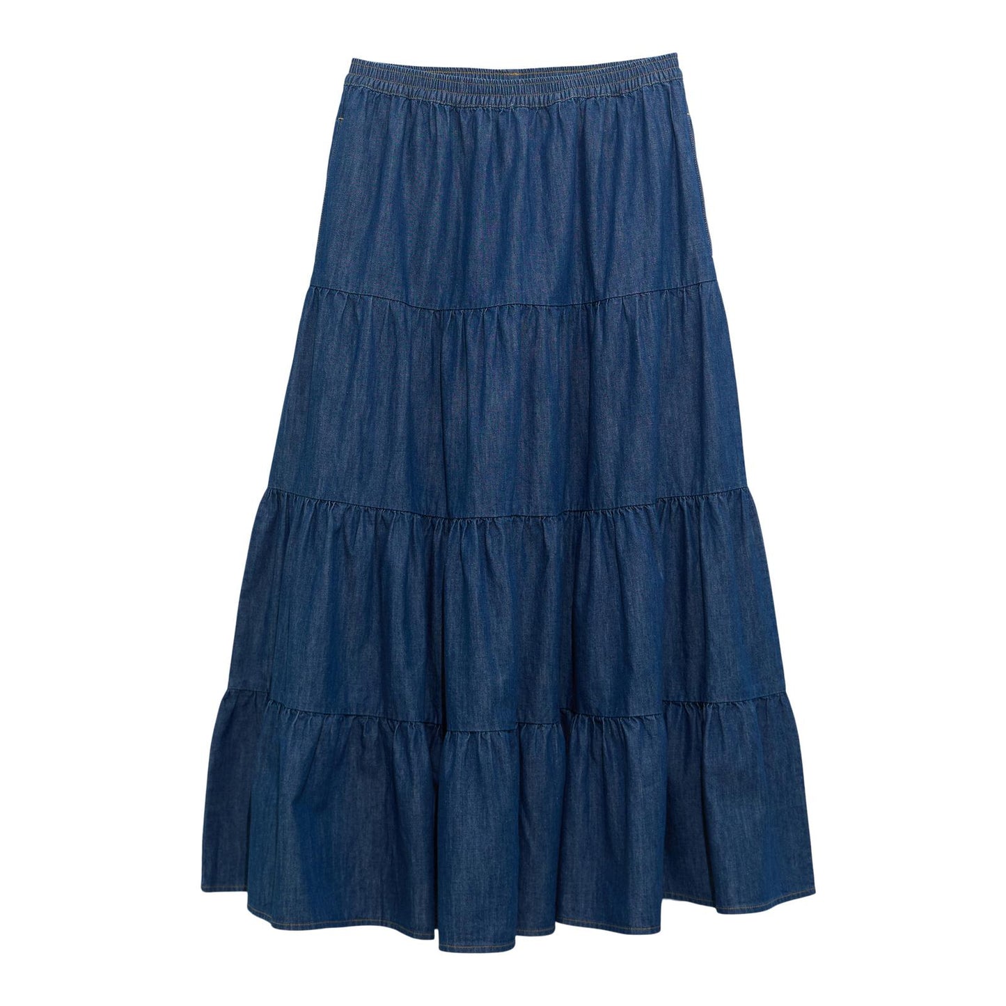 WOMEN'S WRANGLER DENIM TIERED MAXI SKIRT - DARK DENIM