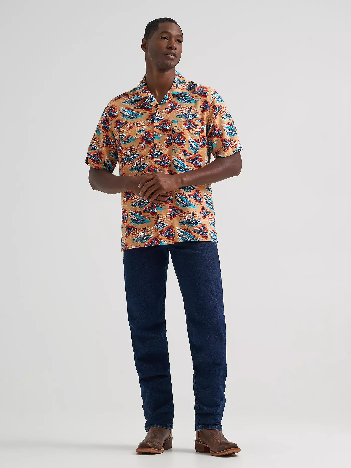 MENS WRANGLER COCONUT COWBOY SHORT SLEEVE PEARL SNAP SHIRT - Orange Multi