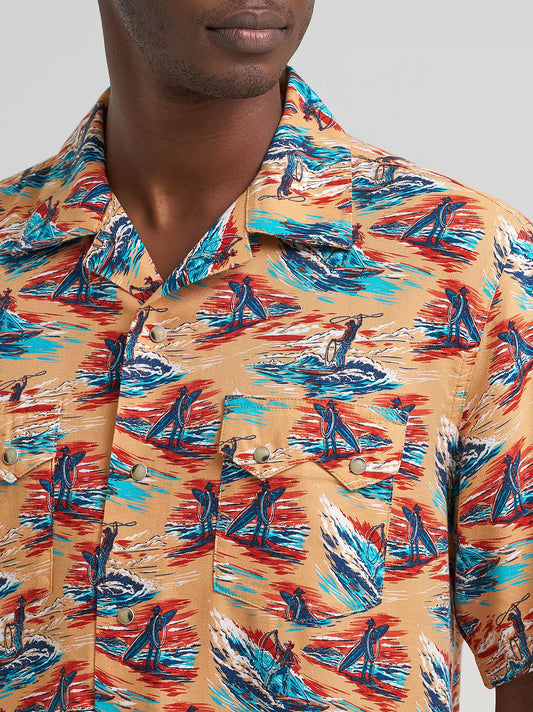 MENS WRANGLER COCONUT COWBOY SHORT SLEEVE PEARL SNAP SHIRT - Orange Multi