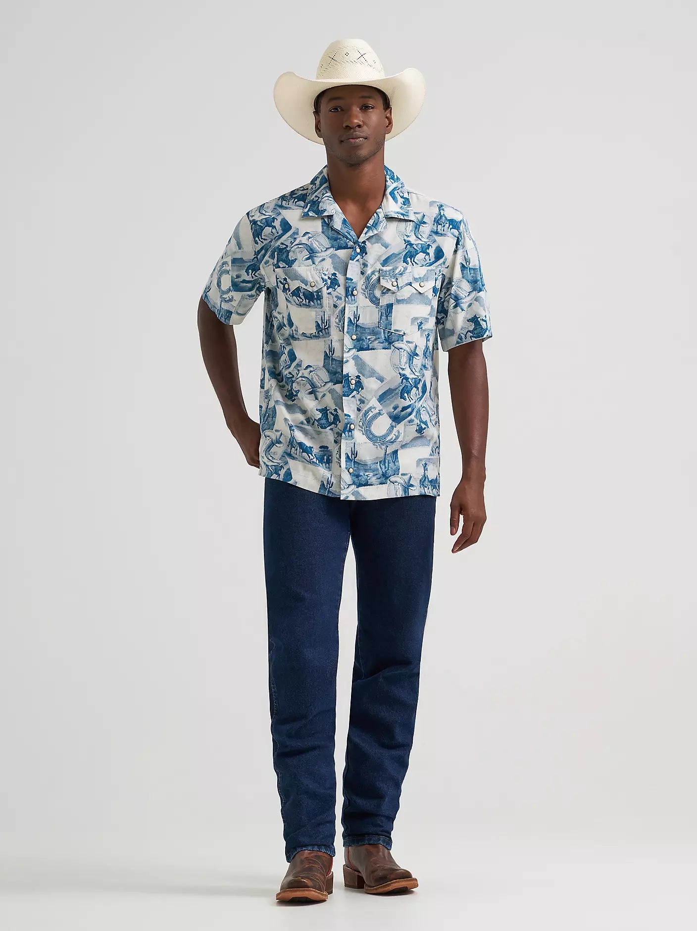 MENS WRANGLER COCONUT COWBOY SHORT SLEEVE PEARL SNAP SHIRT - COWBOY TOILE