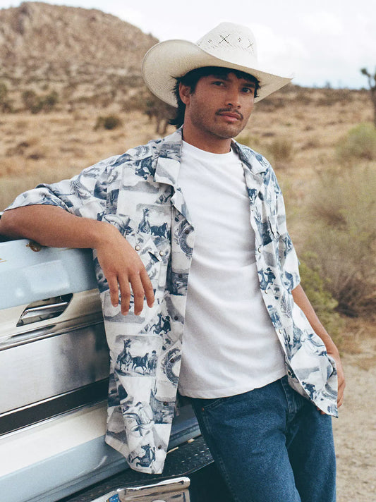MENS WRANGLER COCONUT COWBOY SHORT SLEEVE PEARL SNAP SHIRT - COWBOY TOILE