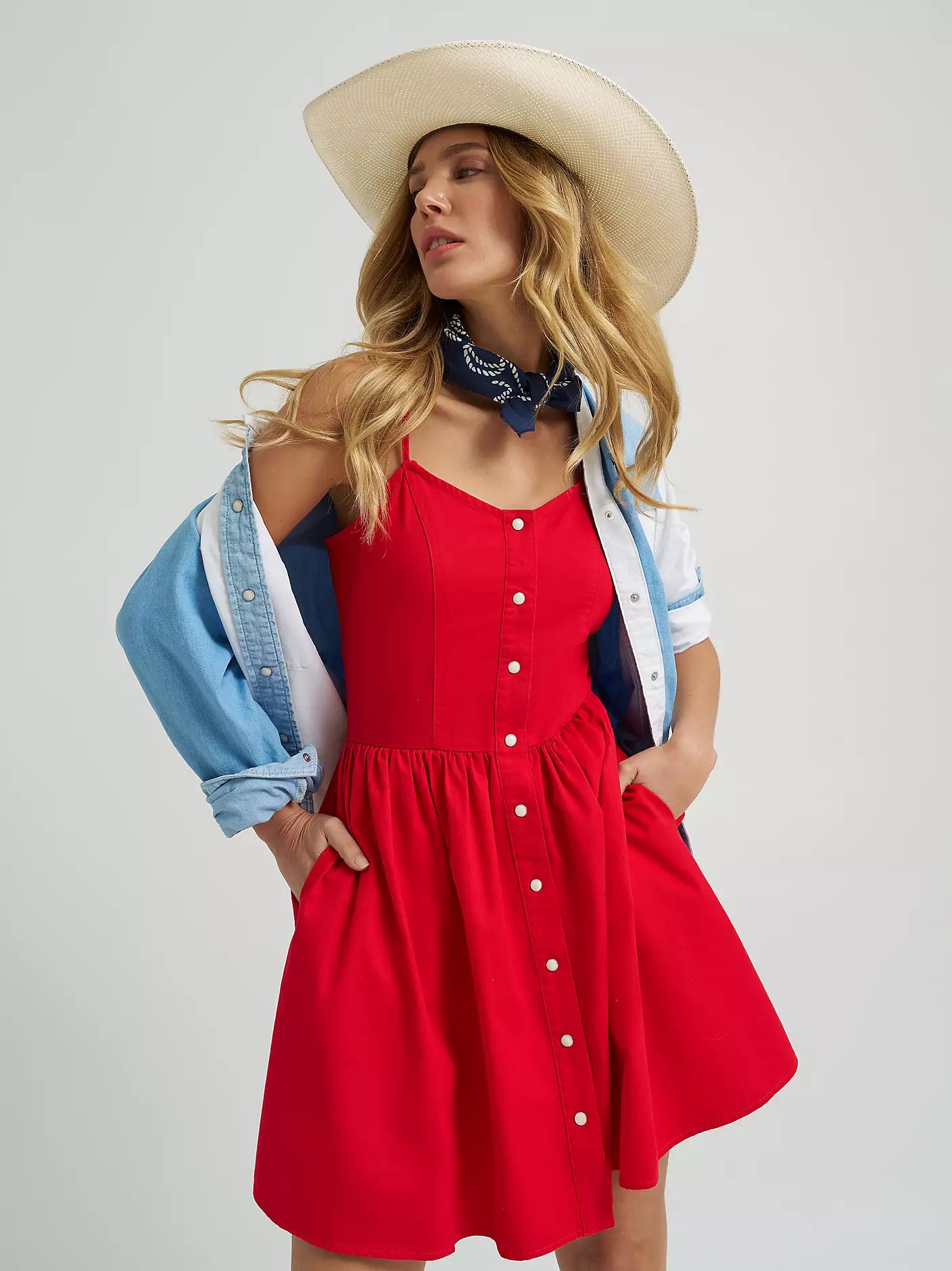 WOMEN'S WRANGLER AMERICANA CORSET SNAP DRESS - BRIGHT RED