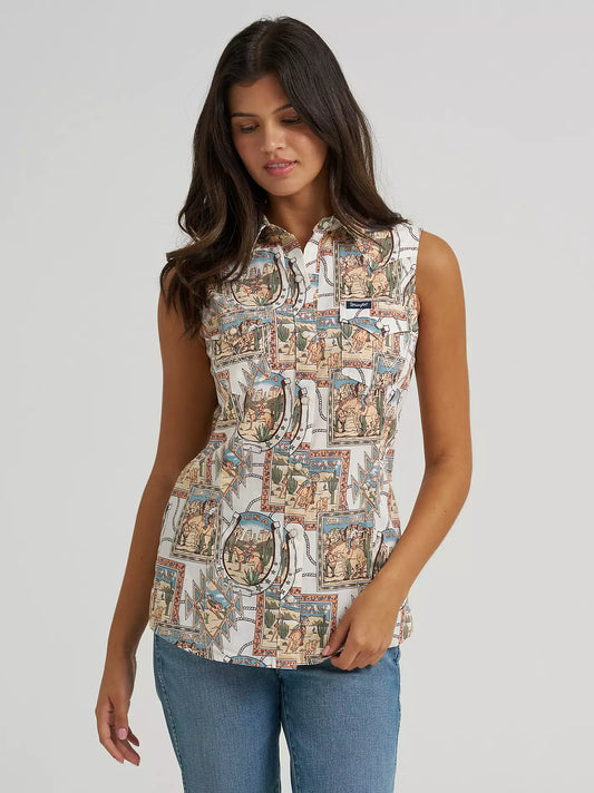 WRANGLER WOMEN'S BOLD PRINT CREAM SLEEVELESS WESTERN SNAP SHIRT