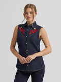 WOMEN'S LAINEY WILSON X WRANGLER EMBROIDERED SLEEVELESS DENIM SHIRT - Dark Rinse