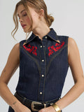 WOMEN'S LAINEY WILSON X WRANGLER EMBROIDERED SLEEVELESS DENIM SHIRT - Dark Rinse