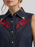 WOMEN'S LAINEY WILSON X WRANGLER EMBROIDERED SLEEVELESS DENIM SHIRT - Dark Rinse