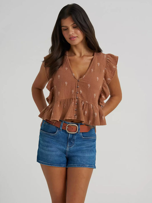 WOMEN'S WRANGLER GAUZY FLUTTER SLEEVE BLOUSE - BROWN