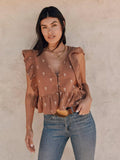 WOMEN'S WRANGLER GAUZY FLUTTER SLEEVE BLOUSE - BROWN