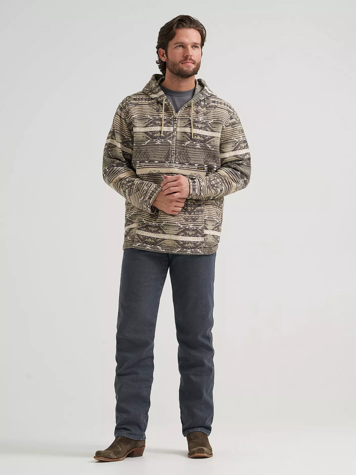 MENS WRANGlER JACQUARD QUARTER ZIP HOODED POPOVER JACKET - Canyon Sand