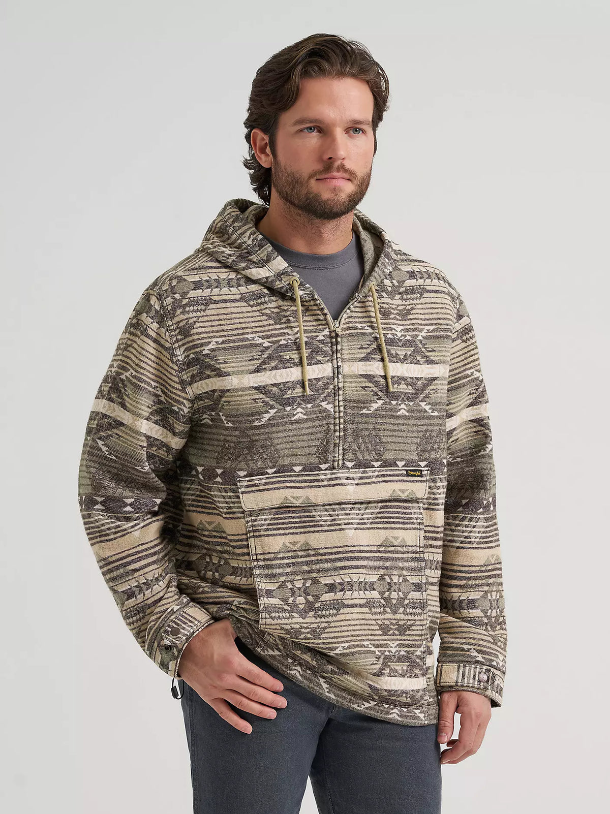 MENS WRANGlER JACQUARD QUARTER ZIP HOODED POPOVER JACKET - Canyon Sand