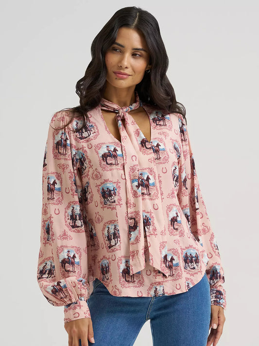 WRANGLER WOMENS CAMEO TIE NECK BLOUSE - PINK