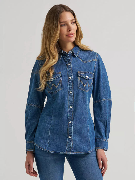 WRANGLER WOMEN'S BARREL SLEEVE DENIM WESTERN SNAP SHIRT