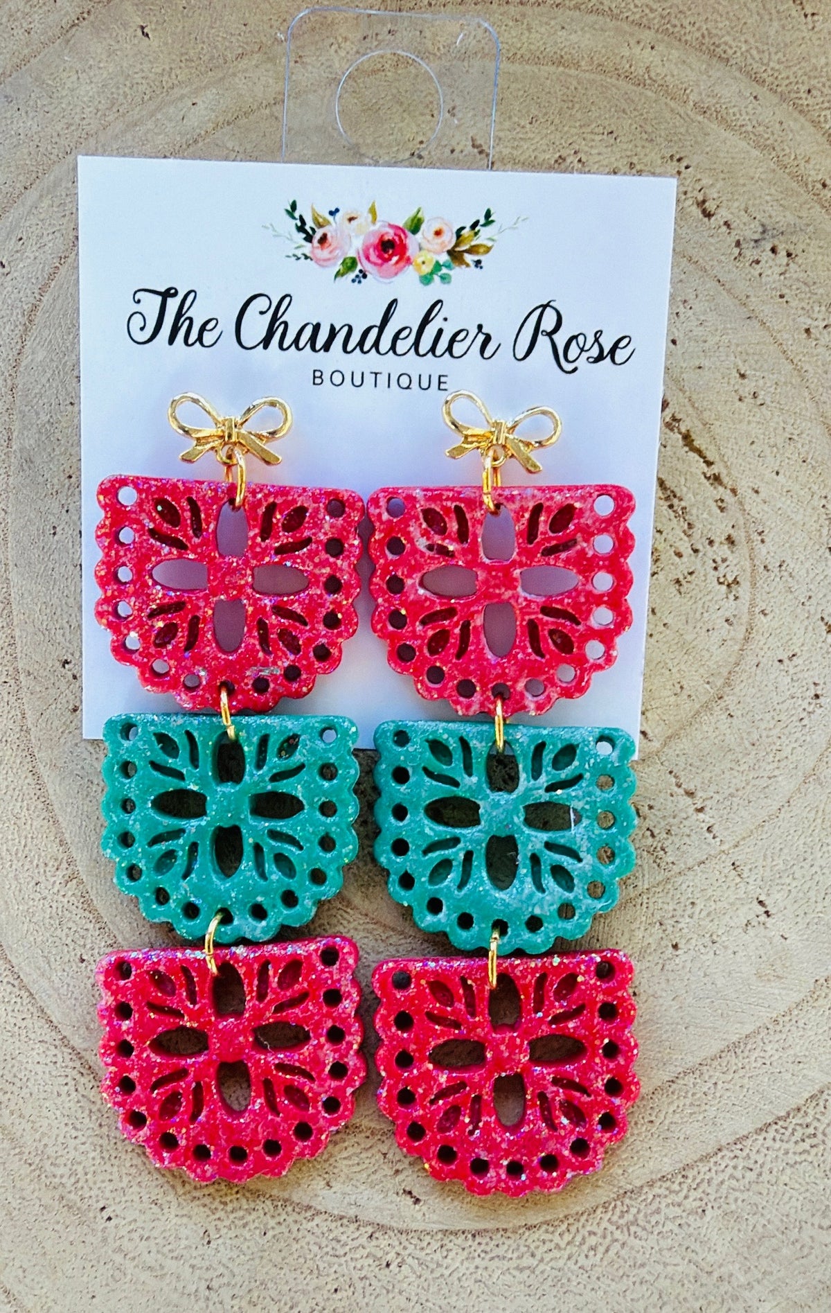 Red and Green 3 Tier Papel Picado Gold Bow Earrings