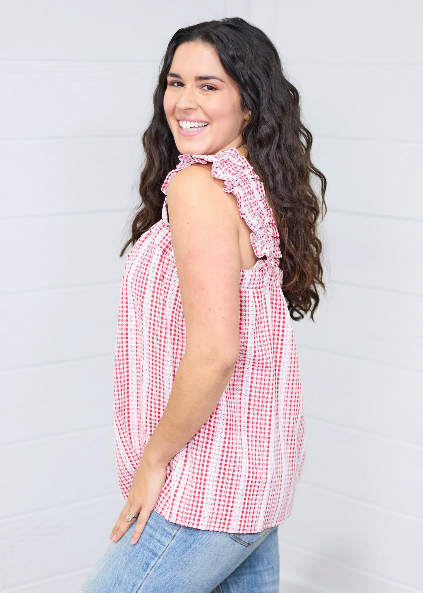 THE SOPHIA SLEEVELESS TOP - RED GINGHAM