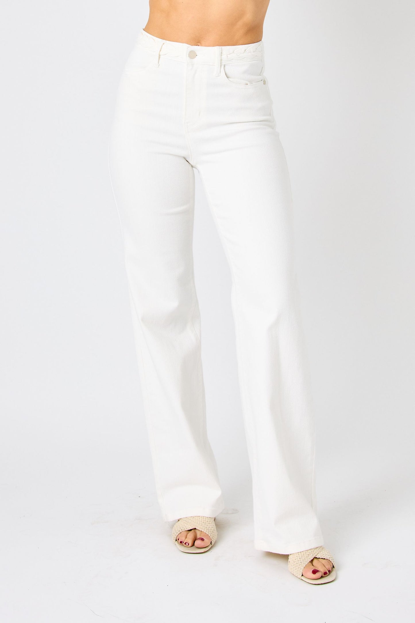 JUDY BLUE HIGH WAIST BRAIDED WAISTBAND DETAIL WIDE LEG - WHITE