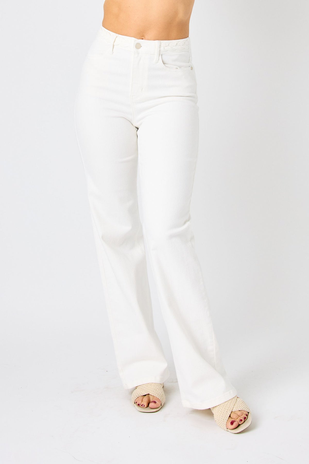 JUDY BLUE HIGH WAIST BRAIDED WAISTBAND DETAIL WIDE LEG - WHITE