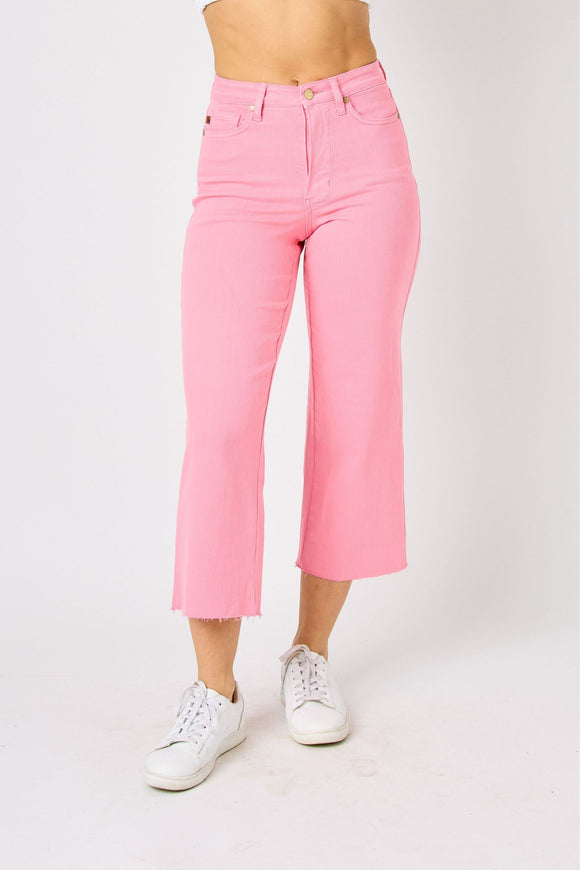 JUDY BLUE HIGH WAIST GARMENT DYED TUMMY CONTROL CROP WIDE LEG - PINK