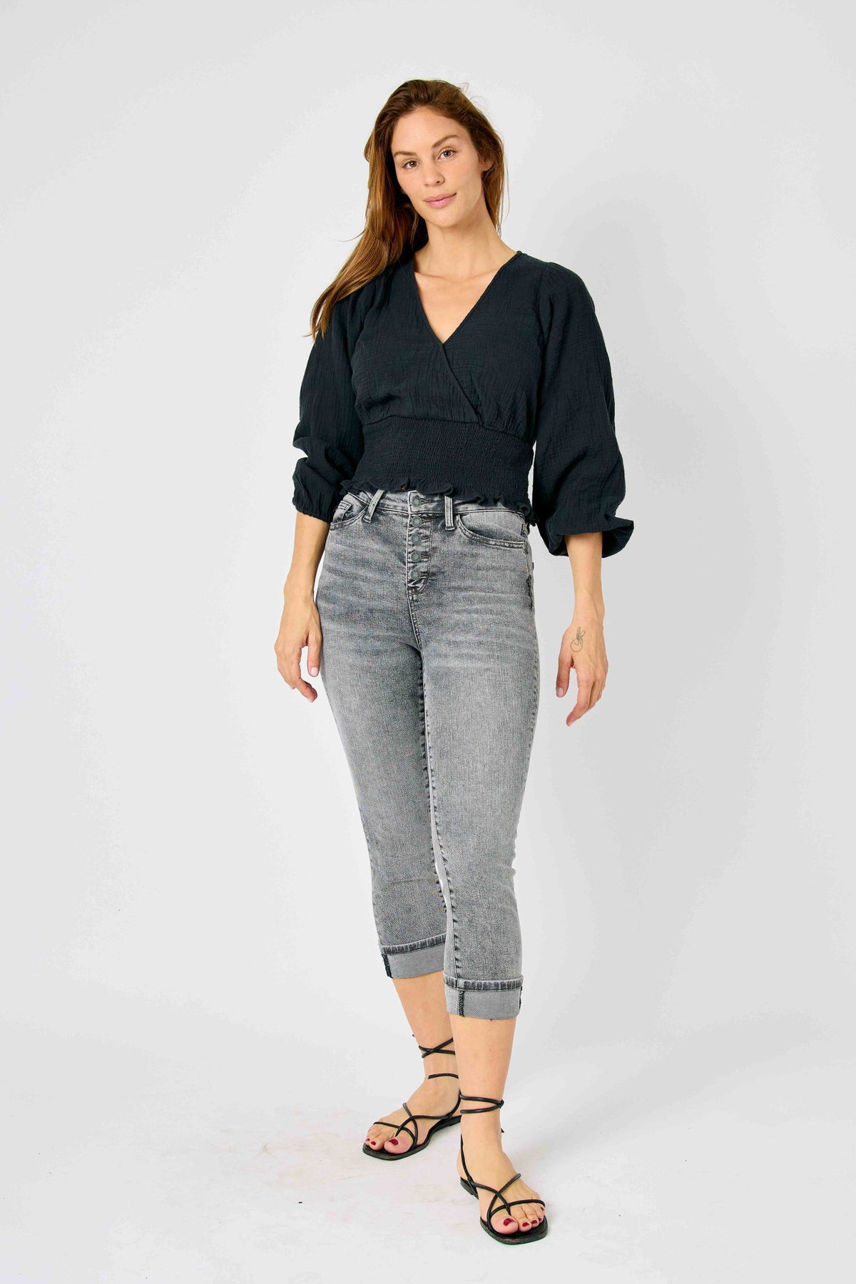 JUDY BLUE HIGH WAIST CUFFED BUTTON FLY CAPRI  - GREY
