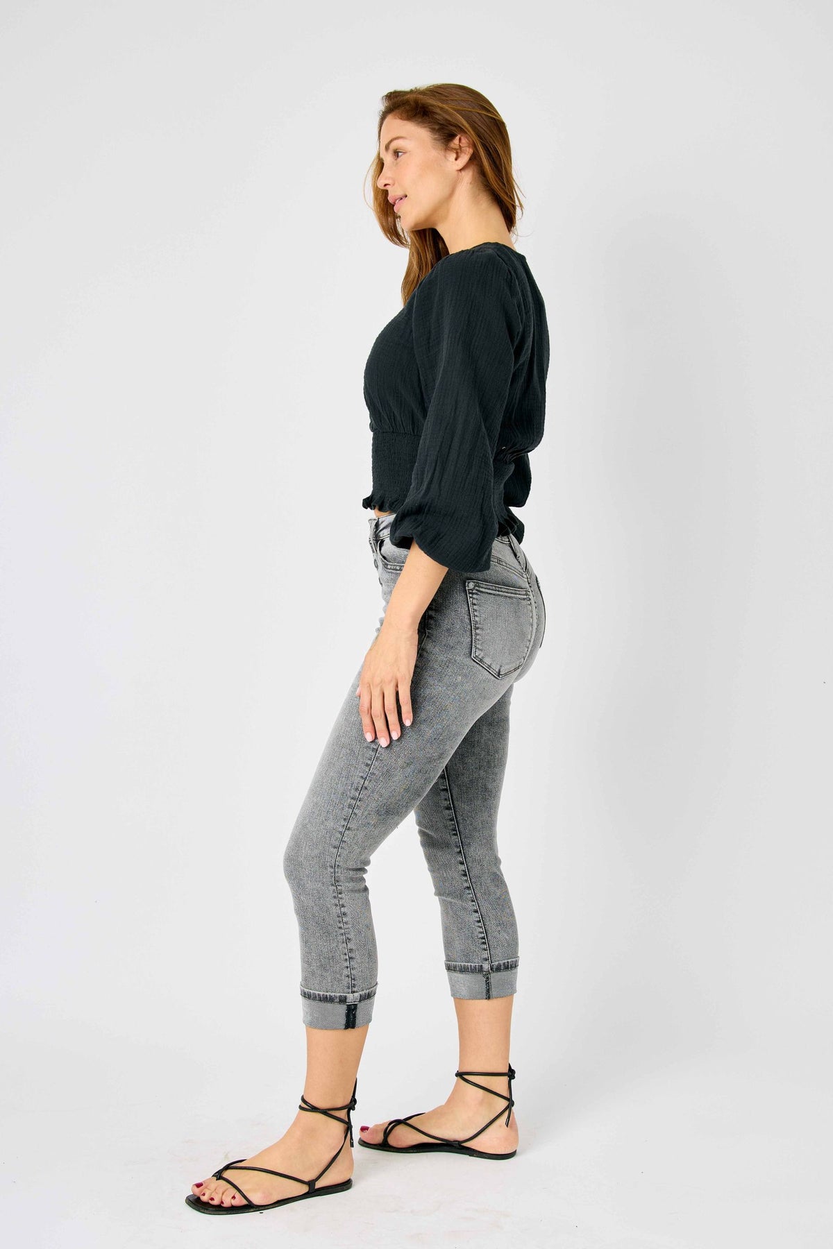 JUDY BLUE HIGH WAIST CUFFED BUTTON FLY CAPRI  - GREY