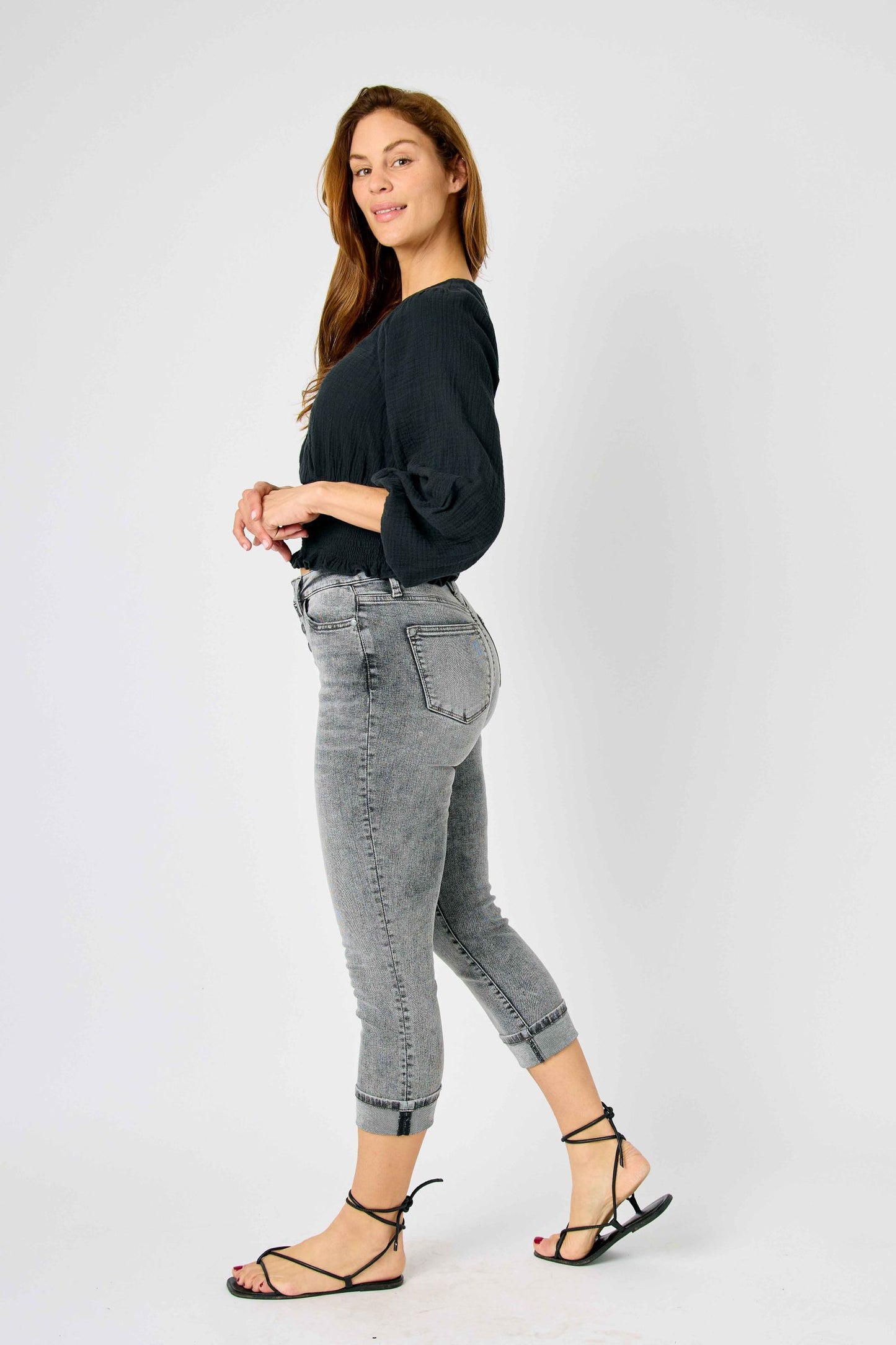 JUDY BLUE HIGH WAIST CUFFED BUTTON FLY CAPRI  - GREY