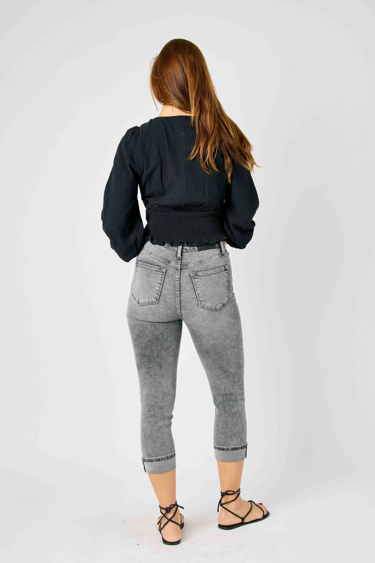 JUDY BLUE HIGH WAIST CUFFED BUTTON FLY CAPRI  - GREY
