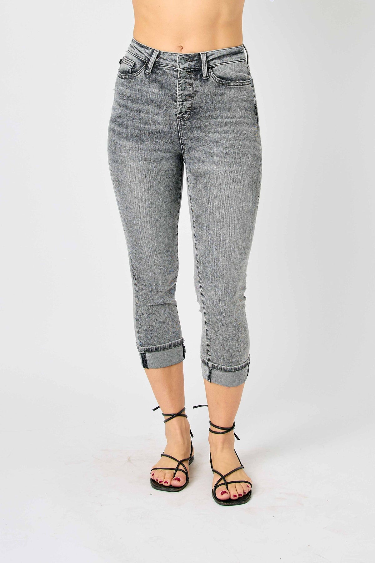 JUDY BLUE HIGH WAIST CUFFED BUTTON FLY CAPRI  - GREY