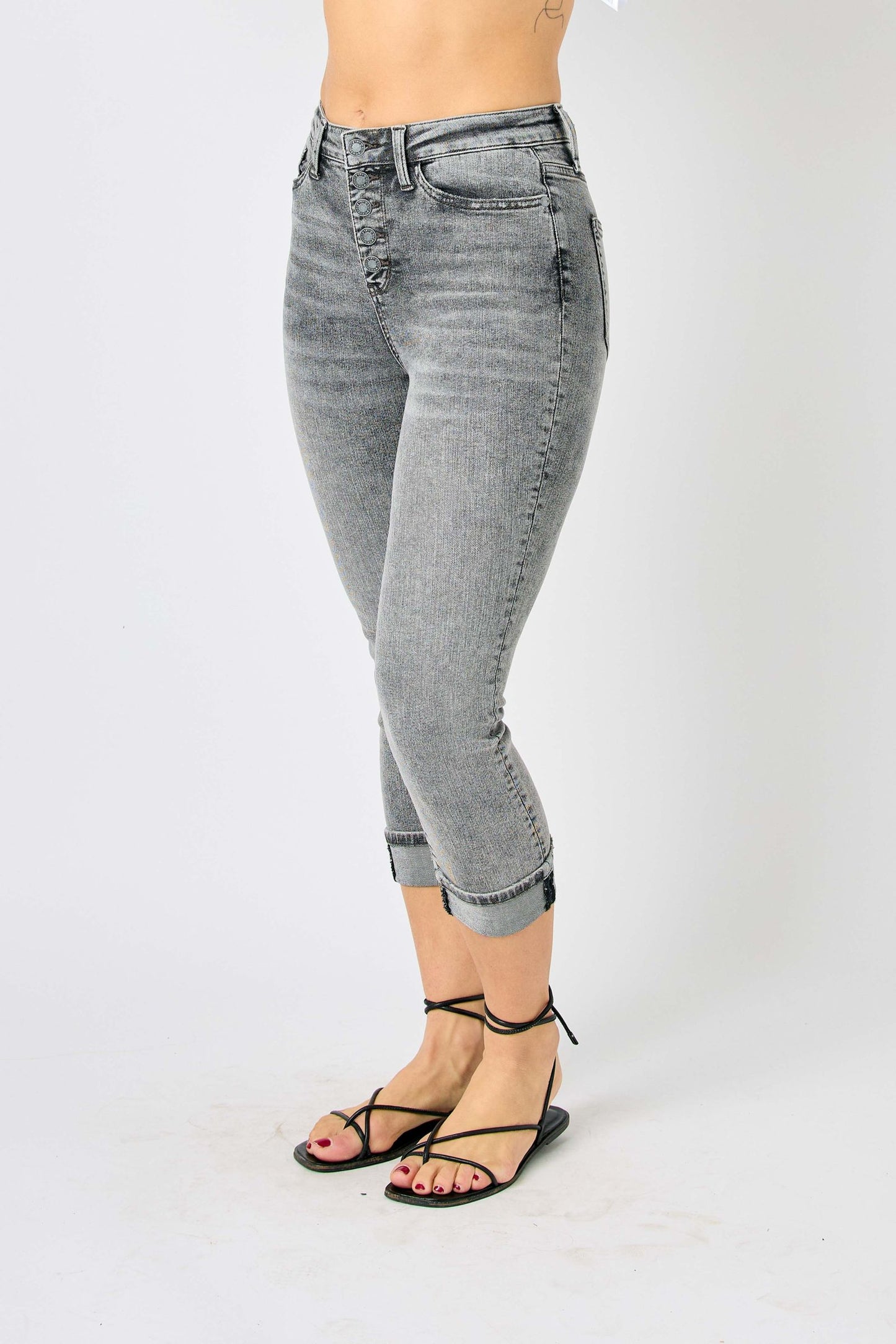 JUDY BLUE HIGH WAIST CUFFED BUTTON FLY CAPRI  - GREY