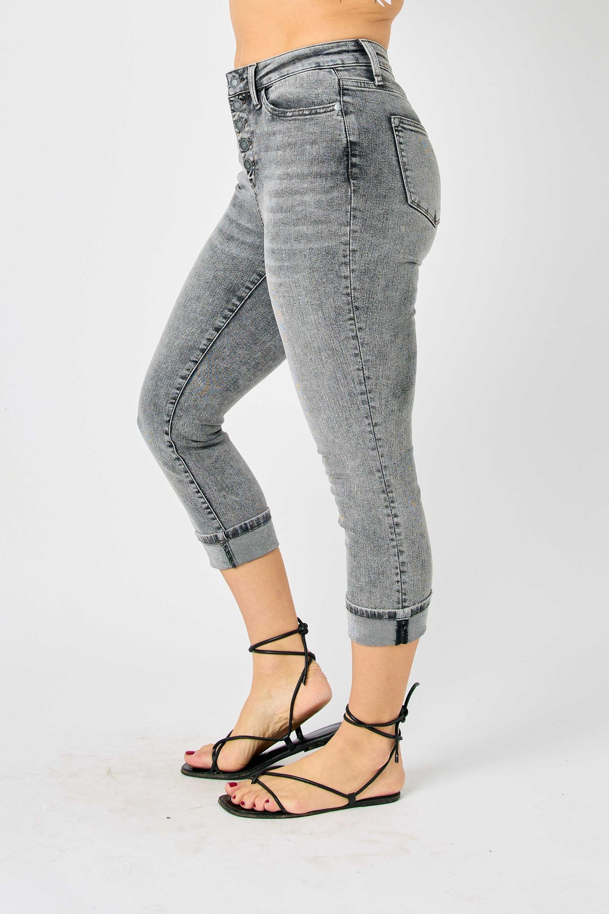 JUDY BLUE HIGH WAIST CUFFED BUTTON FLY CAPRI  - GREY