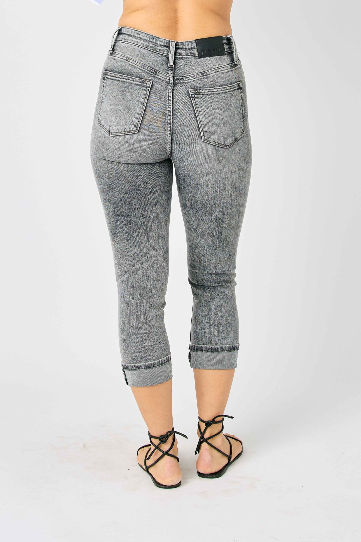 JUDY BLUE HIGH WAIST CUFFED BUTTON FLY CAPRI  - GREY