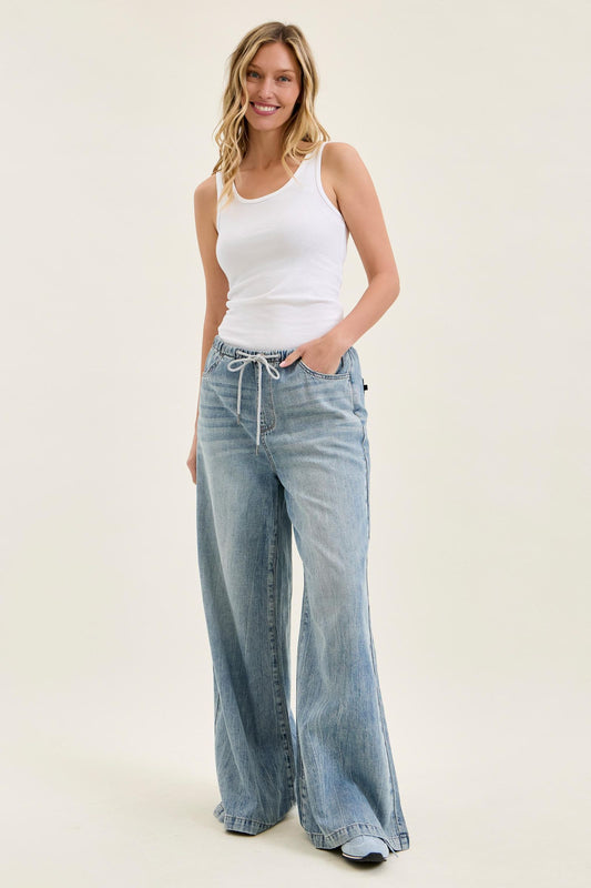JUDY BLUE HIGH WAIST PALAZZO FEATHERWEIGHT W DRAWCORD - MEDIUM STONE