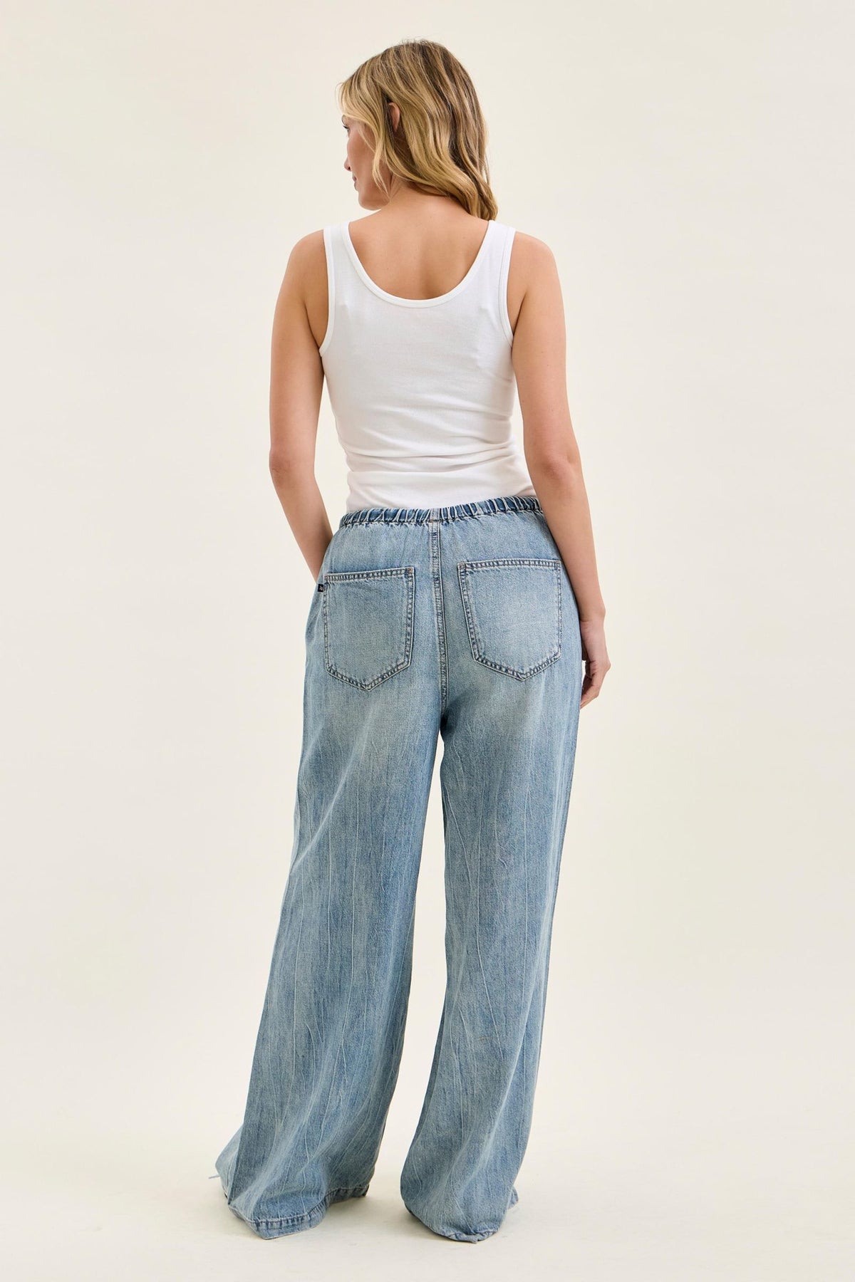 JUDY BLUE HIGH WAIST PALAZZO FEATHERWEIGHT W DRAWCORD - MEDIUM STONE