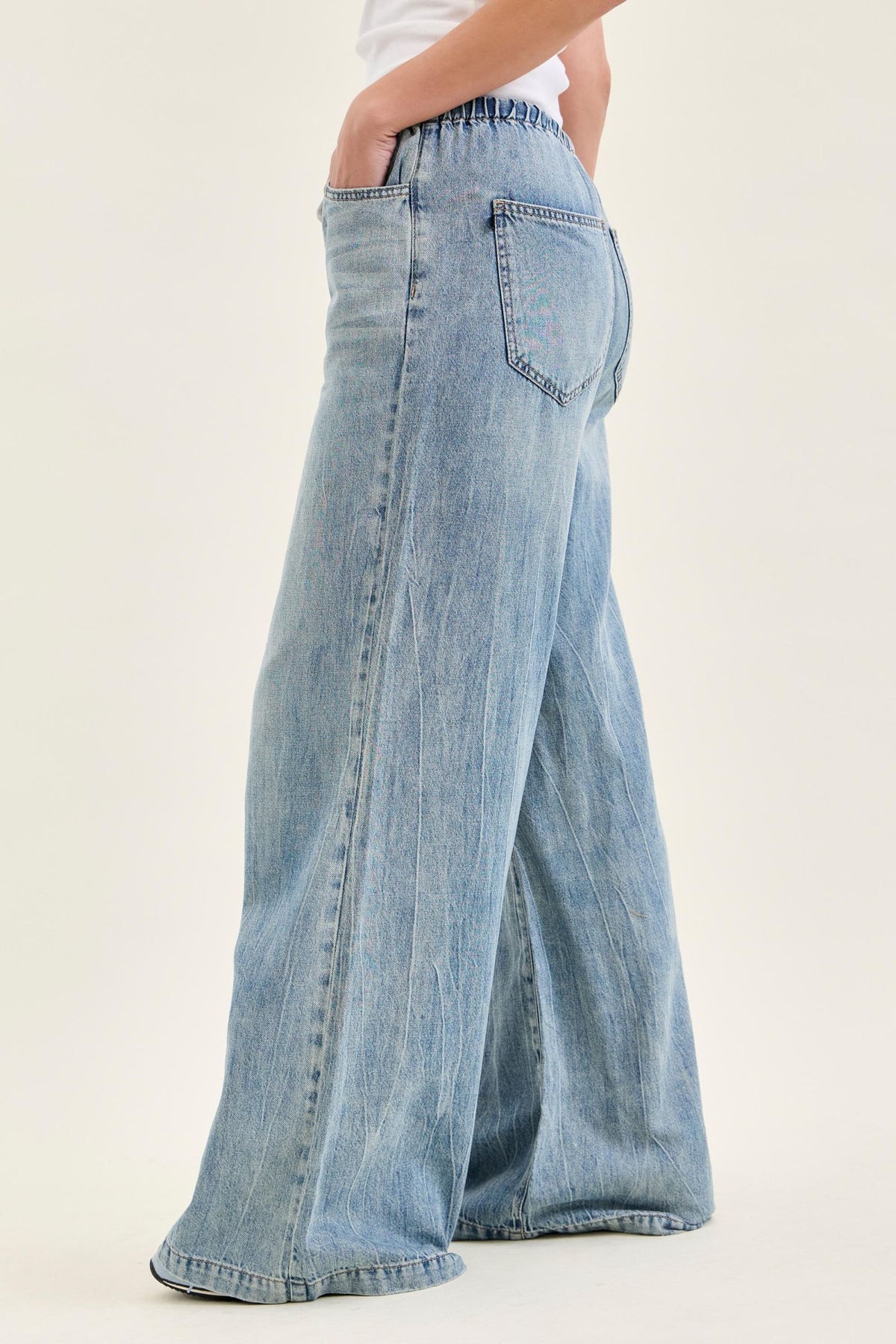 JUDY BLUE HIGH WAIST PALAZZO FEATHERWEIGHT W DRAWCORD - MEDIUM STONE