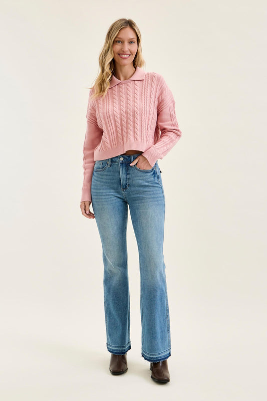 JUDY BLUE MIDRISE SLIM BOOTCUT TUMMY CONTROL RELEASE HEM JEANS - MEDIUM STONE