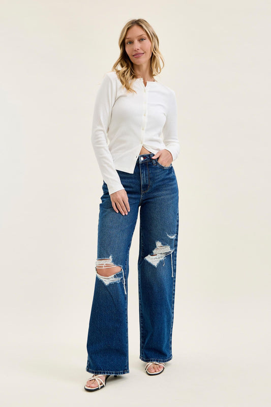JUDY BLUE HIGH WAIST R.M. COLUMN STRAIGHT DESTRUCTED  ADJ WB TABS - MEDIUM STONE