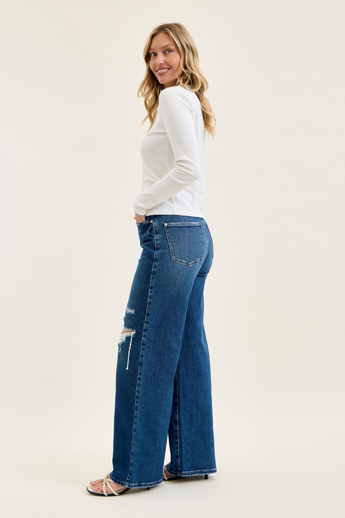 JUDY BLUE HIGH WAIST R.M. COLUMN STRAIGHT DESTRUCTED  ADJ WB TABS - MEDIUM STONE
