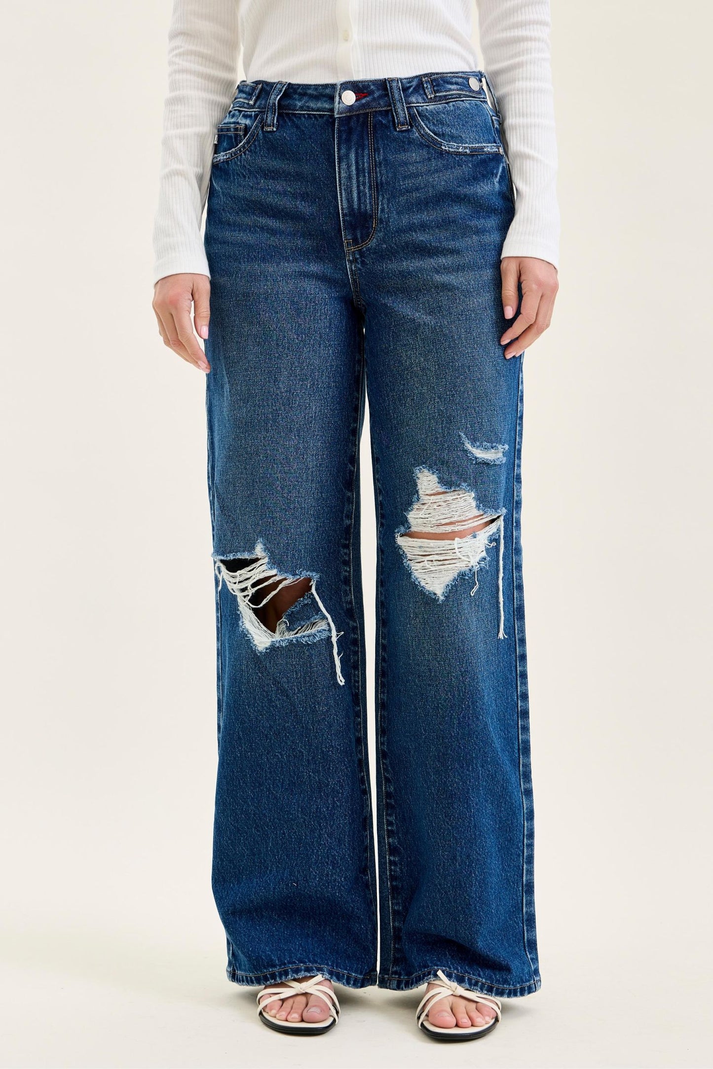 JUDY BLUE HIGH WAIST R.M. COLUMN STRAIGHT DESTRUCTED  ADJ WB TABS - MEDIUM STONE
