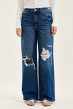 JUDY BLUE HIGH WAIST R.M. COLUMN STRAIGHT DESTRUCTED  ADJ WB TABS - MEDIUM STONE