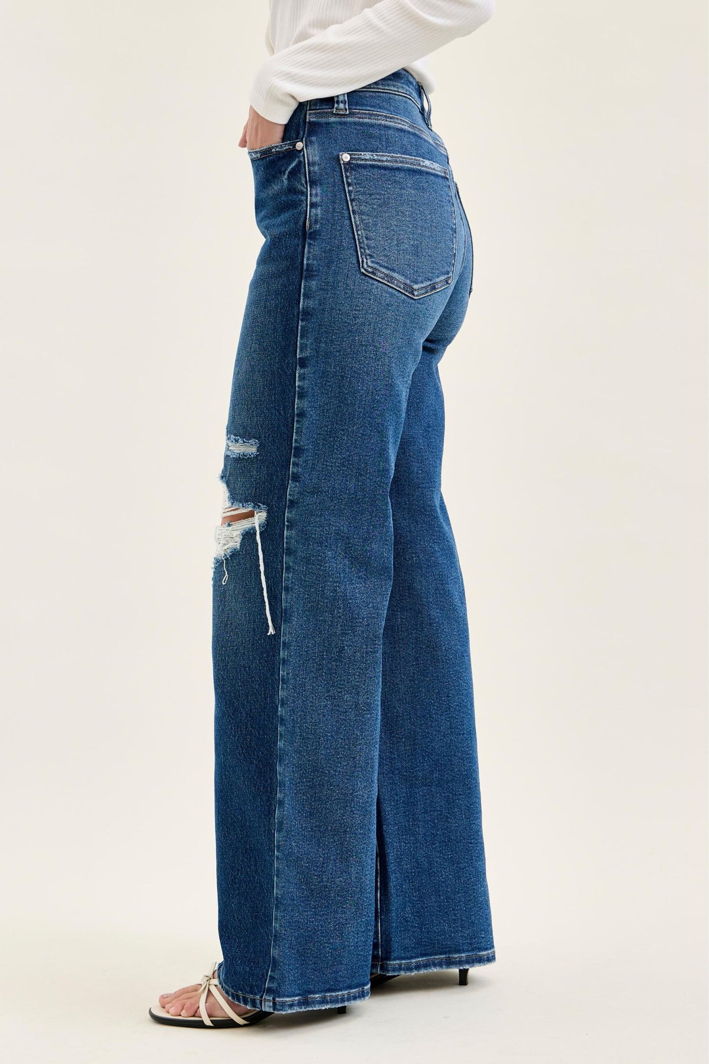 JUDY BLUE HIGH WAIST R.M. COLUMN STRAIGHT DESTRUCTED  ADJ WB TABS - MEDIUM STONE