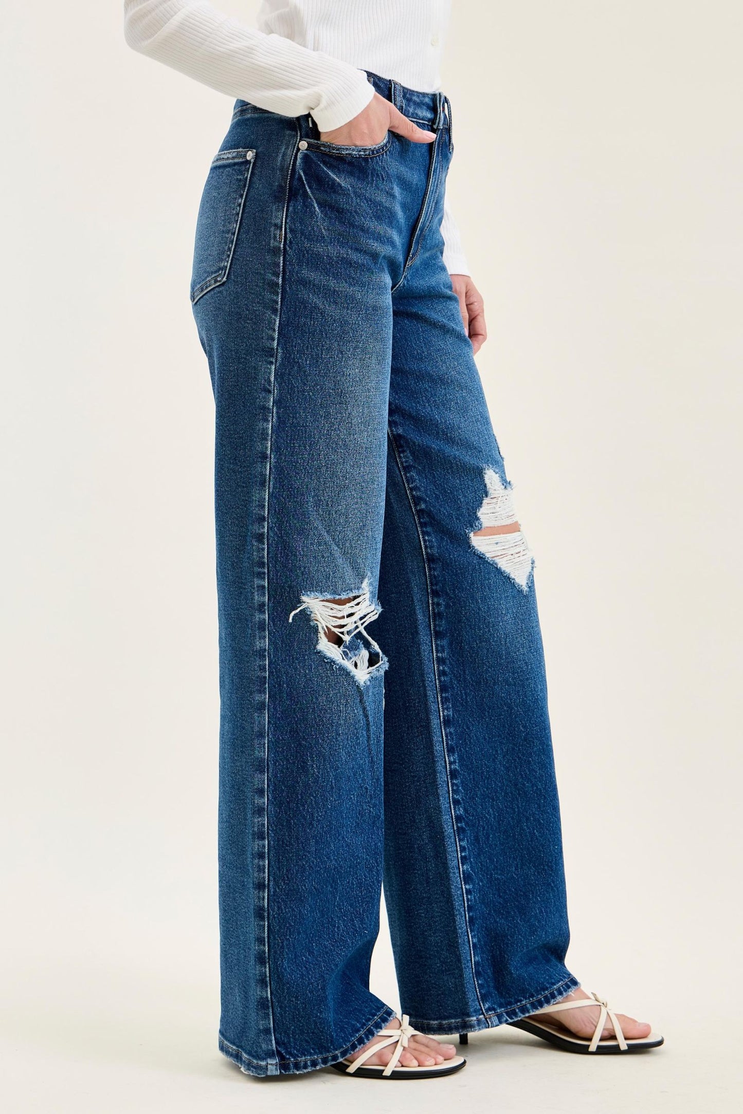 JUDY BLUE HIGH WAIST R.M. COLUMN STRAIGHT DESTRUCTED  ADJ WB TABS - MEDIUM STONE