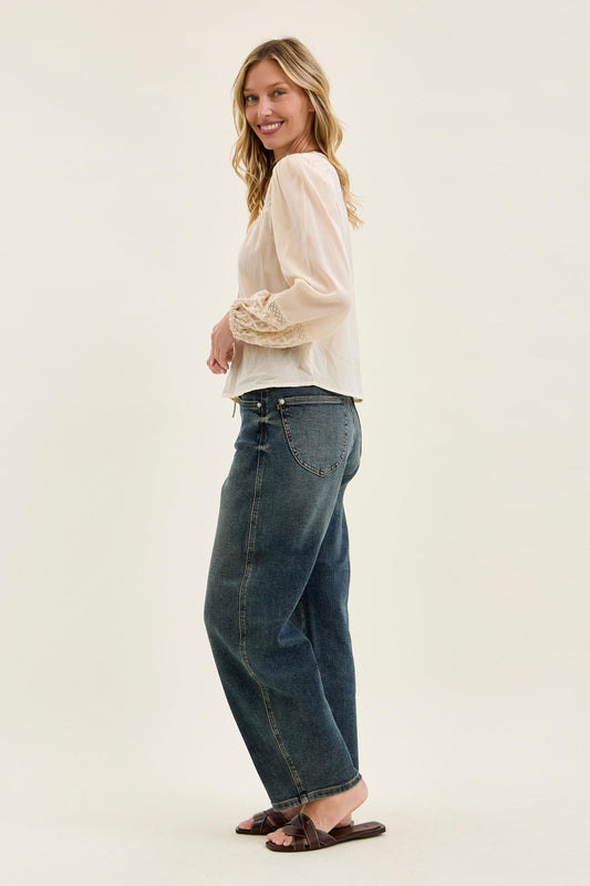JUDY BLUE HIGH WAIST MARLOW W HOLLYWOOD WAIST BAND + DOUBLE BUTTON - MEDIUM STONE