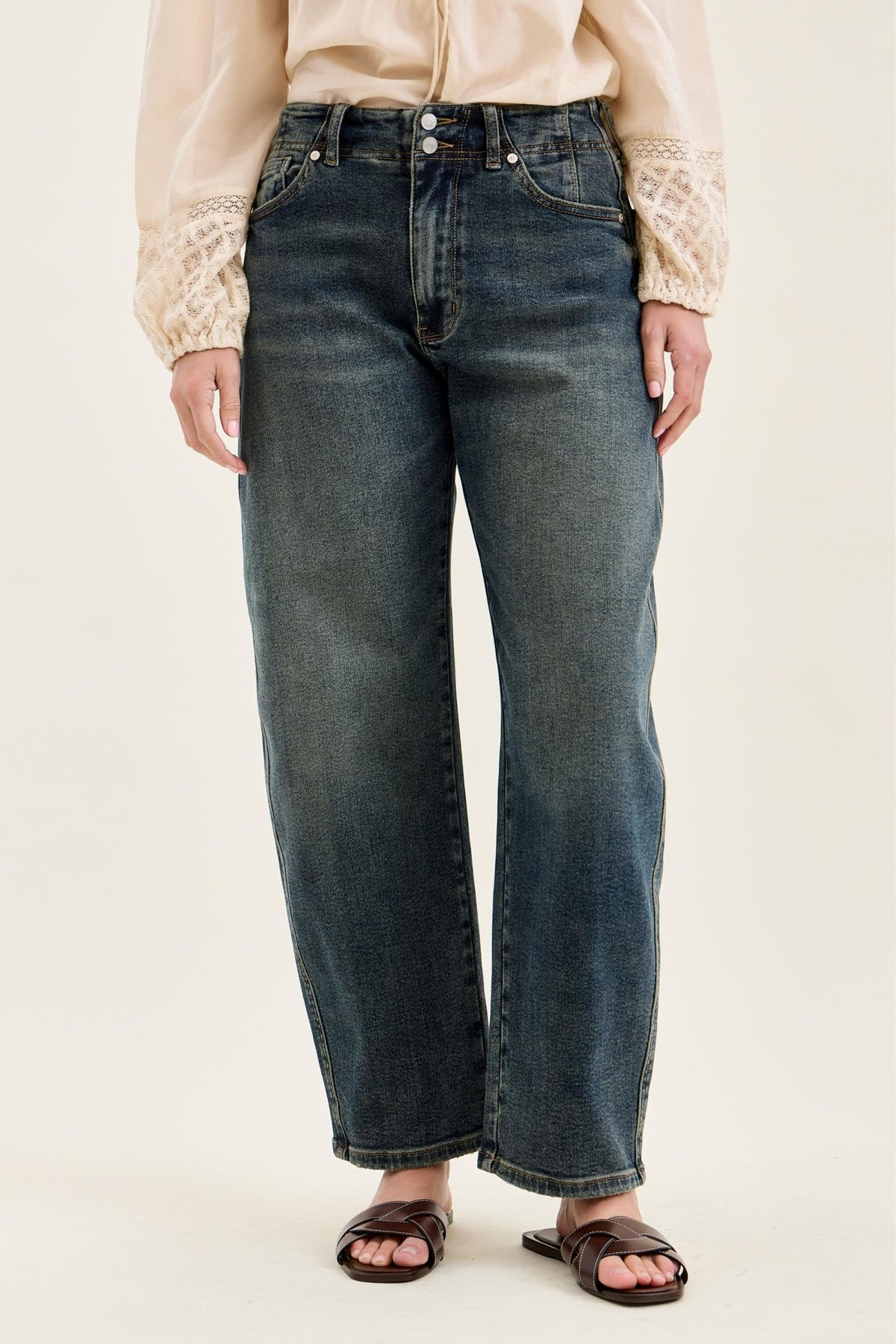 JUDY BLUE HIGH WAIST MARLOW W HOLLYWOOD WAIST BAND + DOUBLE BUTTON - MEDIUM STONE
