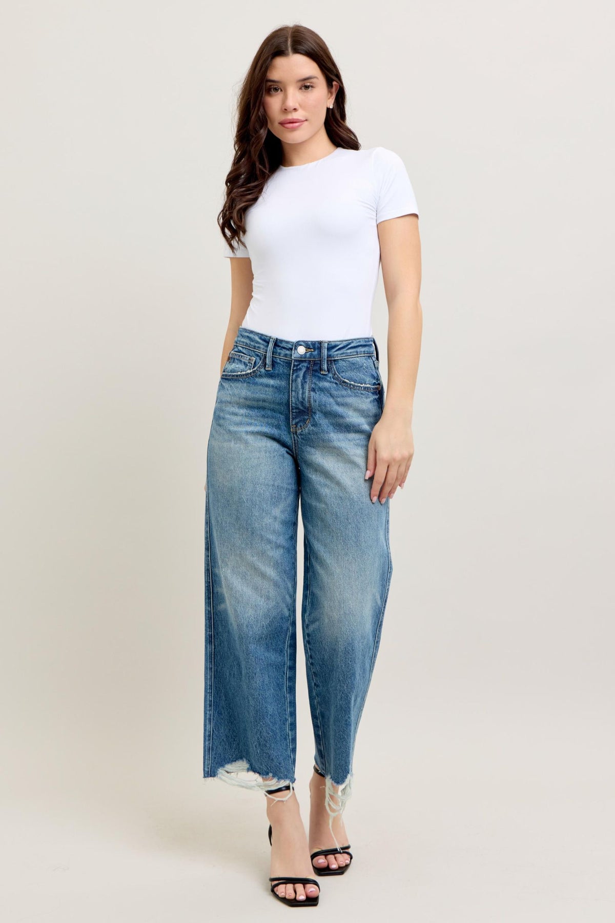 JUDY BLUE HIGH WAIST RIGID MAGIC DESTROY HEM CROP WIDE JEAN - MEDIUM STONE